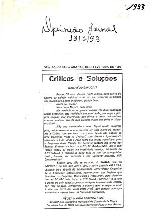 "1993" Crônica/assinei sobre o "Resgate do Carnaval de Rua em Araras/SP
