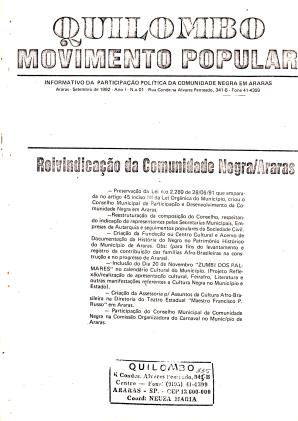 1º exemplar Jornal do Quilombo/Mov. Popular/Araras Reivindicação do Acafro p/ partic. na Comissão de Carnaval de Araras/SP